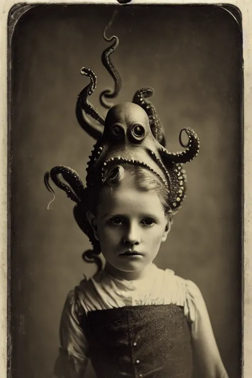 Image similar to wet plate photograph portrait of victorian octopus child with an octopus head, dressed in a victorian - era clothing, head is an octopus, dramatic lighting, highly detailed, smooth, sharp focus