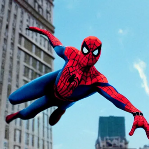 Image similar to film still of Tobey Maguire spider man swinging