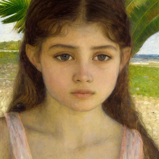 Image similar to a ultradetailed beautiful painting of a girl in the amazonas palace balustrade designed by jules bastien - lepage, tarsila do amaral, frank weston and gustave baumann, beach, trending on artstation, mediterranean, palm trees, detailed face, sharp focus, soft light, 8 k 4 k