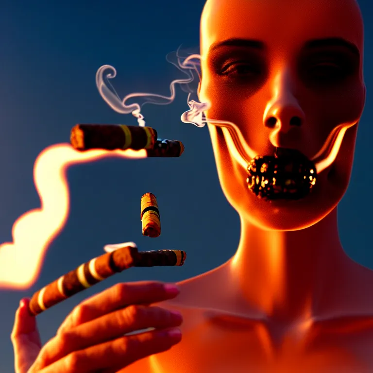 Prompt: a portrait of a glass skull smoking a perfectly symmetrical cuban cigar, varadero beach, cinematic photography, smoke rising like clouds, beautifully symmetrical, super resolution, cgi, volumetric lighting & shadows, hyper detailed, 8 k, unreal engine,