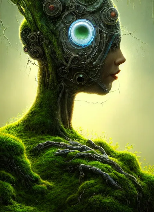 Image similar to Portrait of an Ancient Robot with a tree growing out of her head, patches of moss, translucent leaves, extremly detailed digital painting, in the style of Tomasz Alen Kopera and Fenghua Zhong and Peter Mohrbacher, mystical colors, rim light, beautiful lighting, 8k, stunning scene, raytracing, octane, trending on artstation