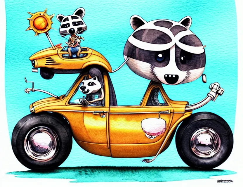 Image similar to cute and funny, racoon riding in a tiny hot rod with oversized engine, ratfink style by ed roth, centered award winning watercolor pen illustration, isometric illustration by chihiro iwasaki, edited by range murata, tiny details by artgerm and watercolor girl, symmetrically isometrically centered