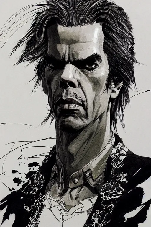 Image similar to portrait of nick cave, concept art, sumi - e style, intricate linework, artstation, trending, highly detailed, smooth, focus, art by yoji shinkawa and glenn fabry,