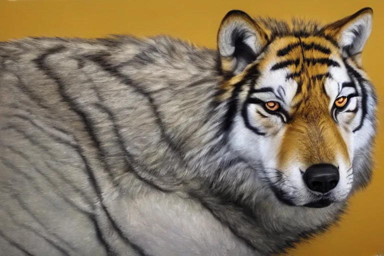 Image similar to wolf tiger hybrid animal, portrait by tim eitel