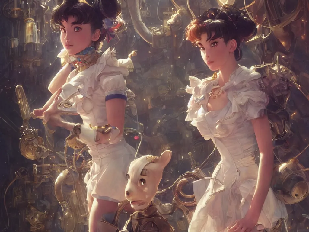 Prompt: Sailor Moon in Wallace and Gromit, cinematic lighting, battered, sci-fi, fantasy, intricate, elegant, highly detailed, digital painting, artstation, concept art, smooth, sharp focus, illustration, art by artgerm and greg rutkowski and alphonse mucha
