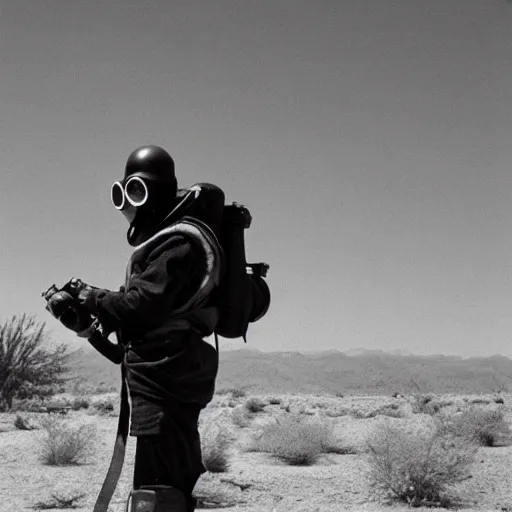 Image similar to a man wearing a gasmask, heavily equipped, in the desert, film still, arriflex 35