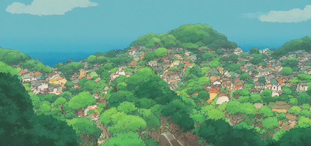 Image similar to studio ghibli style, hilly countryside and ocean