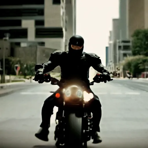 Image similar to Film still of 'Cyborg Man 2045' (2012). Motorcycle chase scene. Sigma 85mm f/1.4