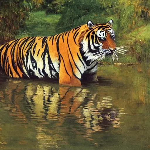 Image similar to a tiger drinks water from a pond by abbey edwin austin