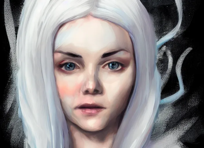 Image similar to girl with silk glowing white hair with glowing white stings coming out of her hands, concept art trending on artstation oilpaint portrait character design