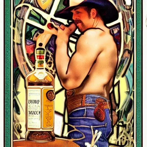 Prompt: a beautiful tarot painting of a handsome goofy half-naked cowboy with a dad bod holding a can of beans and a bottle of whisky wearing a cowboy hat and boots, campfire!! , homoerotic!, art deco, art nouveau!, by Alphonse Mucha trending on artstation H -768