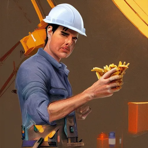 Image similar to tom cruise dressed as a construction worker planting fries, digital art, highly - detailed, artstation cgsociety masterpiece