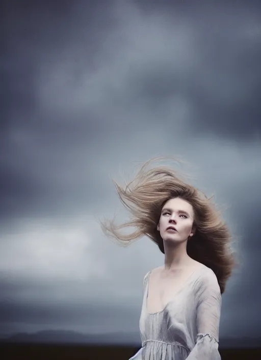 Image similar to cinestill 5 0 d portrait photo of a beautiful woman, nordic type, delicate, subsurface scattering, long hair floating in air in style of annie liebovitz, 1 5 0 mm, windy mood, dress in voile, mute dramatic colours, soft blur outdoor stormy background, volumetric lighting, hyper detailed, hyper realistic