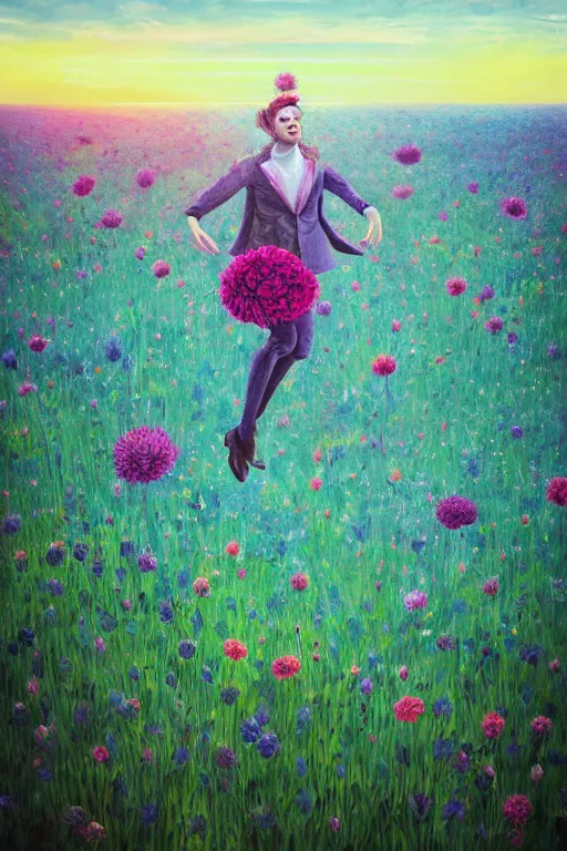 Prompt: closeup, giant flower head, girl in suit jumping in field of flowers, surreal photography, sunrise, blue sky, dramatic light, impressionist painting, digital painting, artstation, simon stalenhag