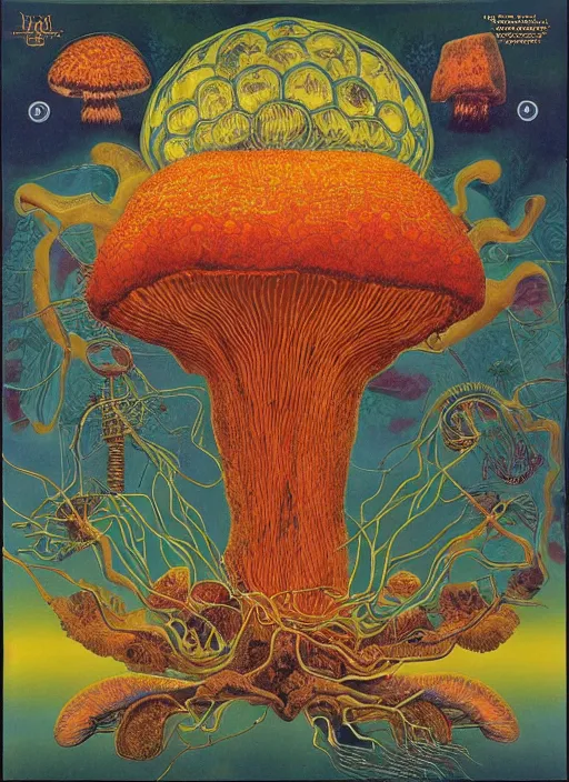 Image similar to 8 0 s new age album cover depicting a mushroom cloud in the shape of g steph curry, very peaceful mood, cardiovascular system, nervous system, oil on canvas by ernst haeckel, by frida kahlo