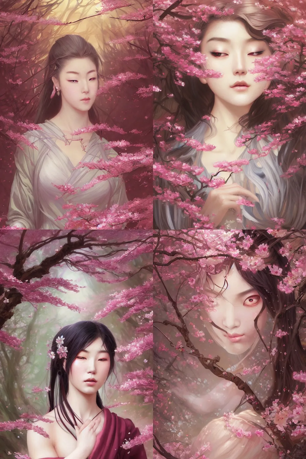 Prompt: oil painting of a japanese enchantress in a cherry blossom forest, peaceful expression, ornate details, fantasy, intricate, elegant, whimsical, highly detailed brushstrokes, digital painting, artstation, dnd concept art, smooth, sharp focus, illustration, art by charlie bowater and artgerm and greg rutkowski and alphonse mucha