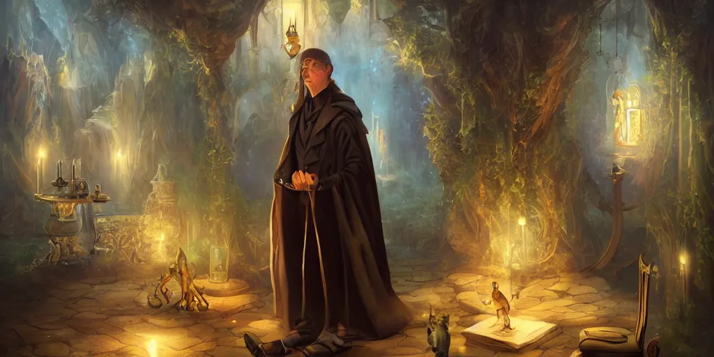 Image similar to lonely aristocrat examining the mysteries of tarot cards, magical atmosphere in the background,, fantasy art, matte painting, high quality, digital painting, artwork by tony sart