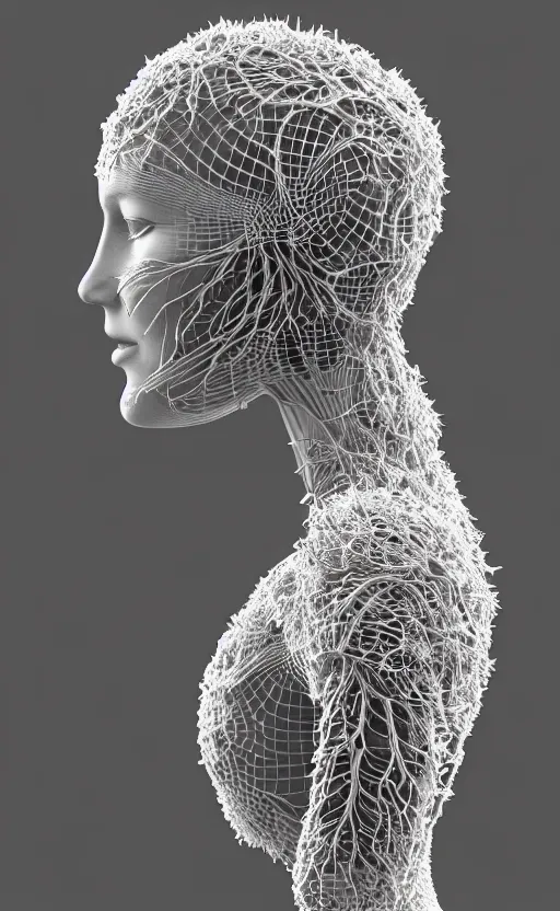Image similar to complex 3d render of a beautiful profile woman face, vegetal dragon cyborg, 150 mm, beautiful natural soft light, rim light, silver details, magnolia stems, roots, fine lace, maze like, mandelbot fractal, anatomical, facial muscles, cable wires, microchip, elegant, highly detailed, white metallic armour, octane render, black and white, H.R. Giger style