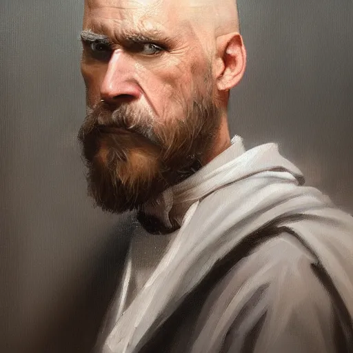 Image similar to An oil painting of a man dressed in priest robes, 50 years old, short grey hair, trimmed beard, sharp facial features, beautiful, highly detailed, by Cédric Peyravernay, trending on artstation