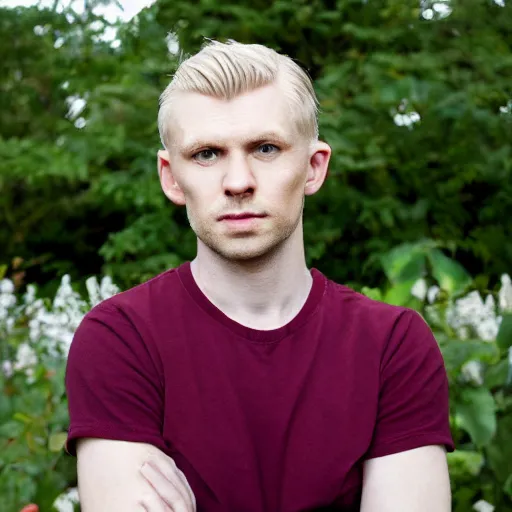 Prompt: photographic portrait of a polish man, 37 years old, short blonde hair in loose curls, small blue eyes, very pale white skin, medium blond stubble, wearing a maroon tight t-shirt and blue jeans, an earring on left ear, thin lips, smirking, posing in a garden, under bright sunlight