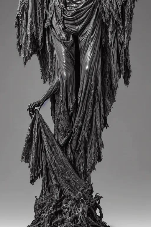 Prompt: a cinematic view of an highly ornated intricate macabre impressionist sacred statue of veiled ghoul made in light dark oak, with few ornaments in shiny polished graphite, sculpted by hedi xandt and antonio corradini, dark surrealism, freak gothic style