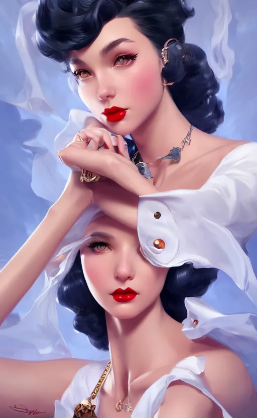 Image similar to a gorgeous pin up and beautiful fashion charming dreamlke italian girl with lv jewelry, character art, art by artgerm lau and wlop and and ilya kuvshinov and john singer sargent, hyperdetailed, 8 k realistic, symmetrical, frostbite 3 engine, cryengine, dof, trending on artstation, digital art