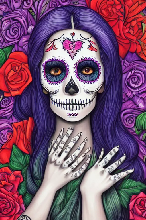 Prompt: illustration of a sugar skull day of the dead girl, art by magali villeneuve