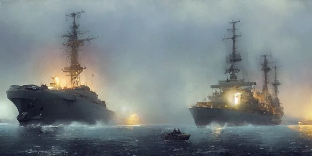 Image similar to epic huge soviet warship in arctic, no frame, foggy, volumetric lighting, epic blue glow, by greg rutkowsky, shishkin and aivazovsky