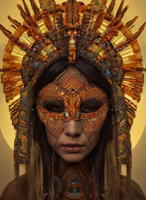 Prompt: a Photorealistic dramatic fantasy render of a beautiful woman wearing a beautiful detailed Aztec Insect shaman mask and intricate costume by WLOP,Artgerm,Greg Rutkowski,Alphonse Mucha, Beautiful dynamic dramatic dark moody lighting,shadows,cinematic atmosphere,Artstation,concept design art,Octane render,8K