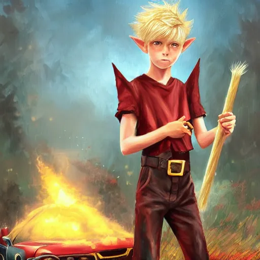 Prompt: a skinny teen boy as a fantasy elf with spiky blonde hair wearing dark brown overalls and holding a firecracker standing next to a destroyed car, painting by artgerm