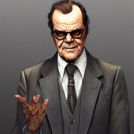 Prompt: Jack Nicholson in suit, fantasy, D&D, portrait, highly detailed, digital painting, artstation, concept art, sharp focus, illustration, art by artgerm and greg rutkowski and alphonse mucha