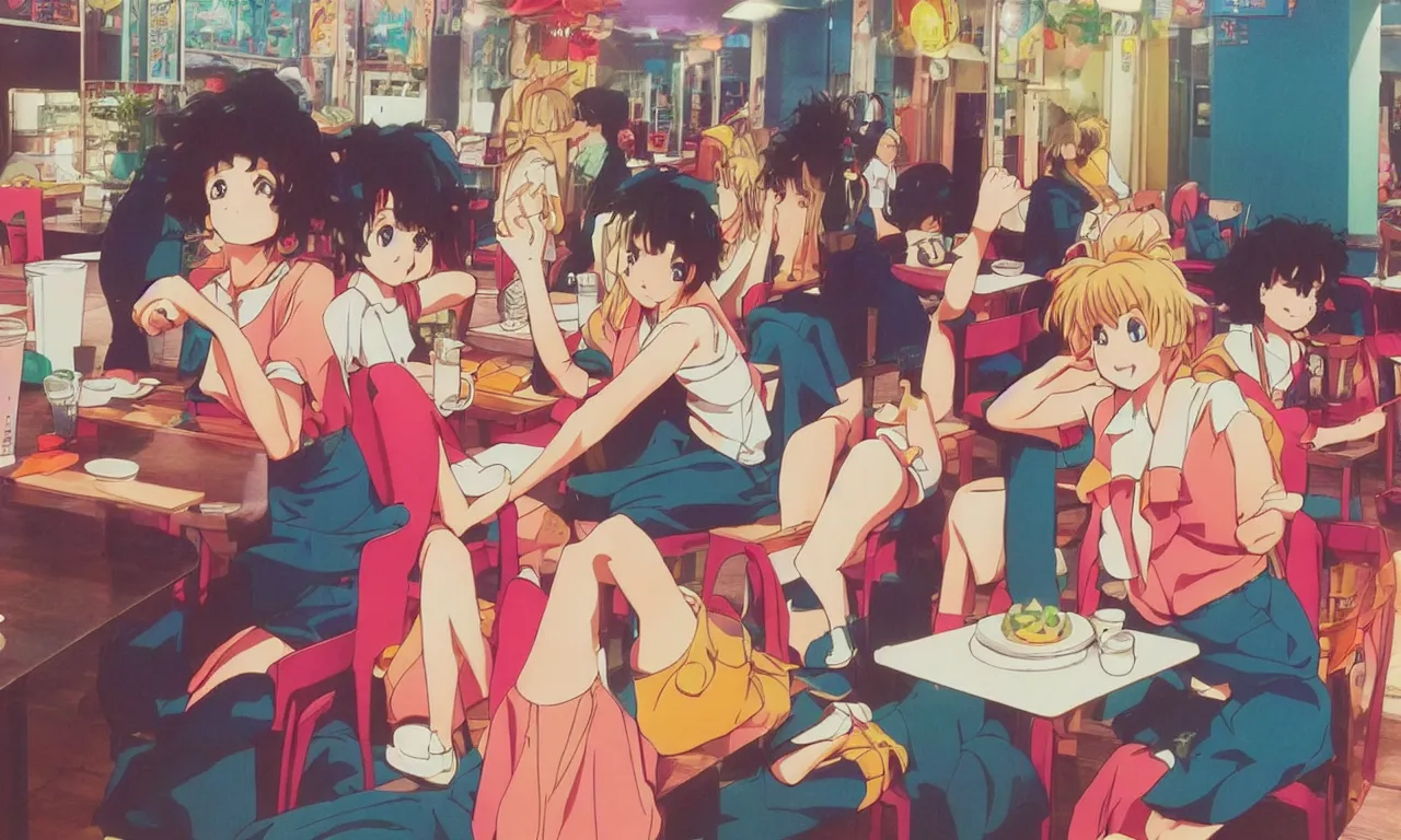 Image similar to 8 0 s anime girl sitting in thai restaurant nice aesthetic
