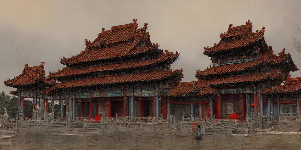 Image similar to a cyberpunk style chinese temple, by ivan shishkin, by james gurney, detailed, atmospheric, 8 k