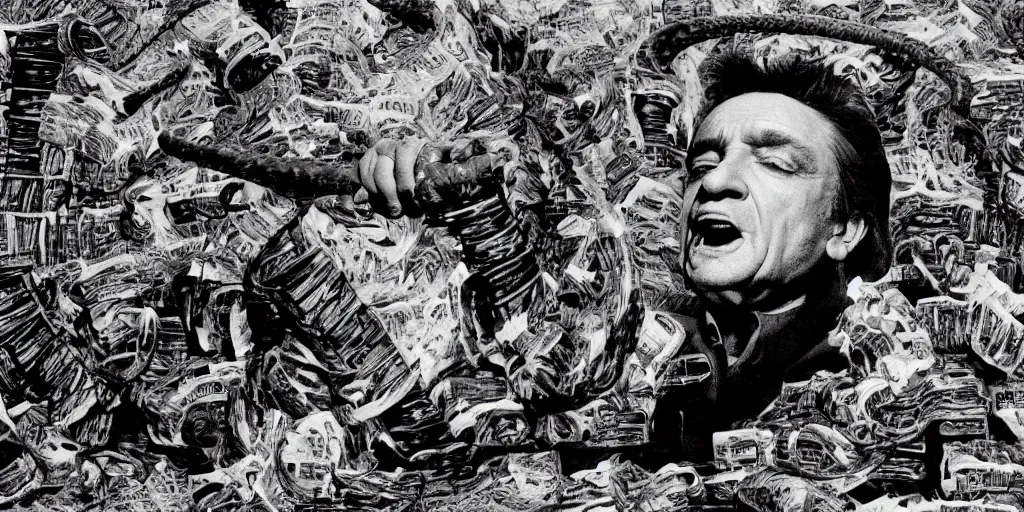 Image similar to Johnny Cash croons snake guitar amidst reels of tape, pools of petroleum, newspaper clippings, writhing snakes and sheathes of wheat, still from the unreleased movie UNLESS YOU HATE BULL RUNS directed by Federico Fellini, purple green atmospheric lighting, full color 35mm film, rendered in octane with snakeoil subsurface scattering