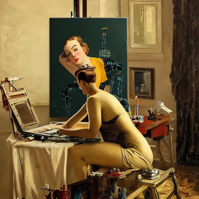 Image similar to robot artist painting a self - portrait on a canvas. intricate, highly detailed, digital matte painting, in the style of alexandros pyromallis, and in the style of hans thoma, and in the style of gil elvgren. irony, recursion, inspiration.