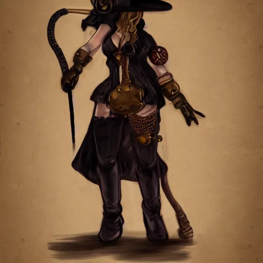 Image similar to concept art of a steampunk witch, trending on artstation