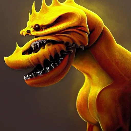 Image similar to digital drawing of a yellow monster dog with iron armor and fangs protruding from its snout, concept art, hyper detailed, global light, painted, dark yellow and dark red, low contrast, opaque scene, hdr 8 k, by zdzisław beksinski, seb mckinnon, trending on artstation, cgsociety, deviantart