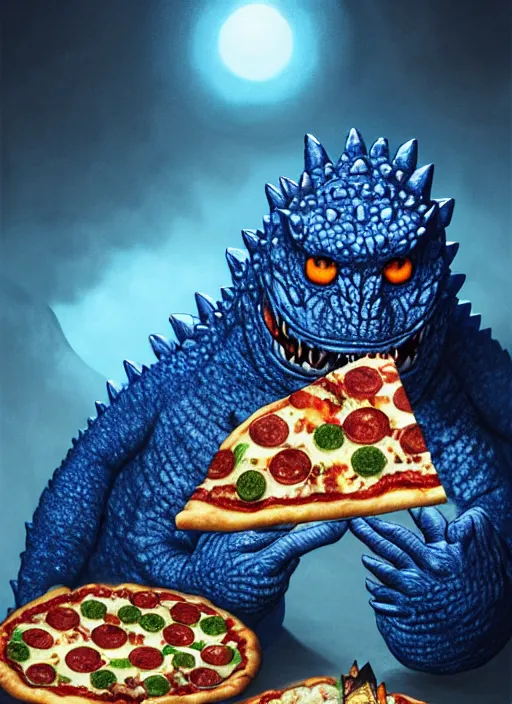 Prompt: portrait of a small fat blue godzilla with a pizza, wearing a propeller beanie, intricate, elegant, eerie lighting, highly detailed, digital painting, artstation, concept art, smooth, sharp focus, illustration, art by wlop, mars ravelo and greg rutkowski