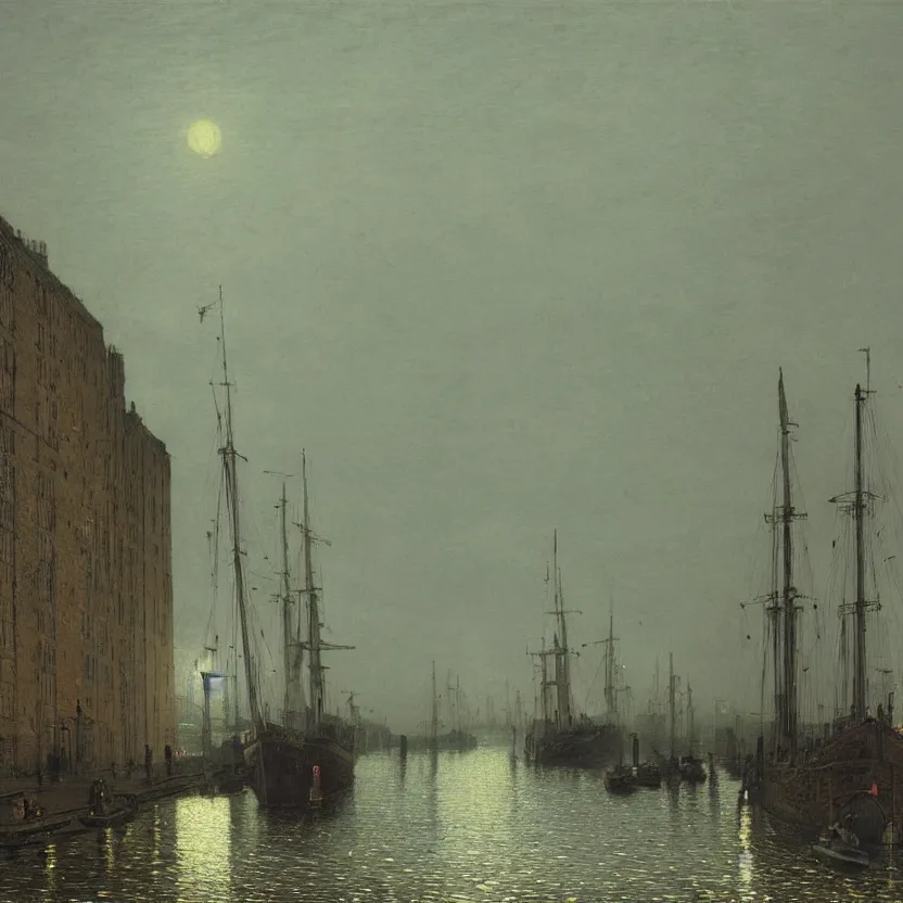 Prompt: a beautiful painting of the docks of london during the 18th century, a large clipper anchored at the wharf, foggy evening, warm streetlights, by john atkinson grimshaw