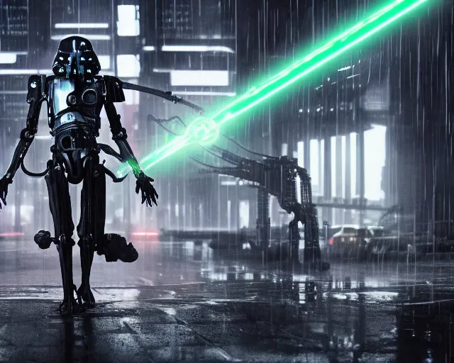 Prompt: photo of the iconic scene where general grievous with 4 arms holding 4 activated lightsabers in the rain. cyberpunk horror style. highly detailed 8 k. intricate. nikon d 8 5 0 5 5 mm. award winning photography.