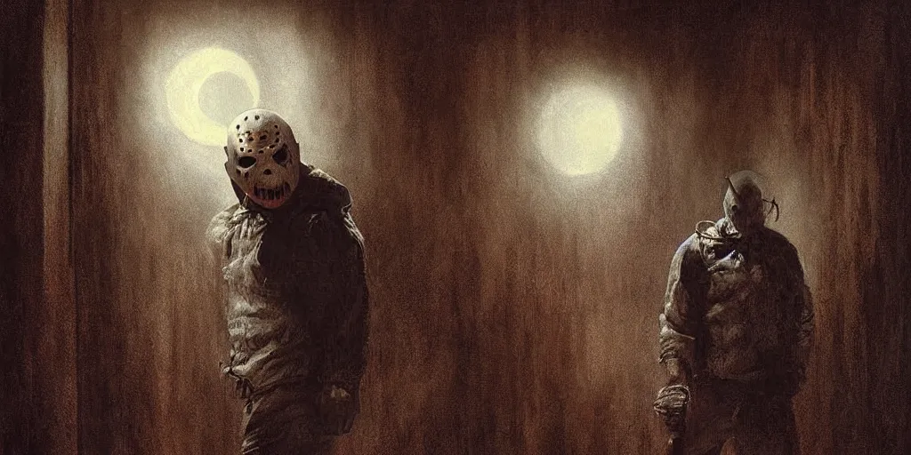 Prompt: hyper detailed beautiful painting of jason voorhees standing inside of a dark closet in a childs bedroom, midnight, moon light, volumetric lighting, dark, scary, sad, back lit, by thomas kinkade