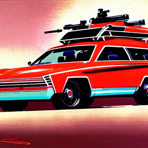 Image similar to concept art for a station wagon covered in mounted guns, painted by syd mead, high quality