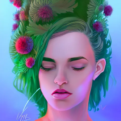 Prompt: portrait of a woman inspired by lois van baarle, iridescent, plants on the head, nature