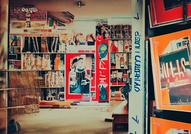 Prompt: home photography portrait, inside of the shop name SHOME, floor, signboards , poster ; summer, Color VHS picture quality with mixed noise