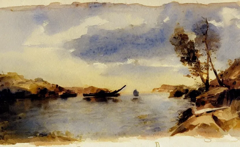 Prompt: watercolor lanscape by anders zorn, realistic, romanticism by goya, rowing boat on lake