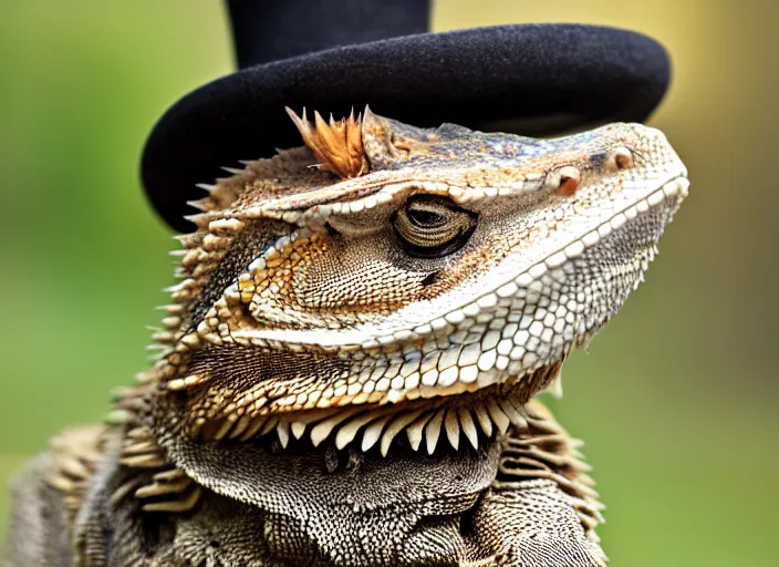 Image similar to dslr portrait still of a bearded dragon wearing a tophat, 8 k 8 5 mm f 1. 4