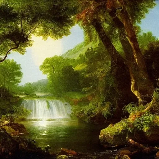 Image similar to There is a stream flowing through a peaceful forest. The sun shines through the trees, dappling the ground with light. The stream babbles gently. An oil painting by Thomas Cole