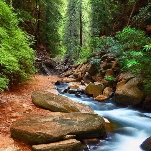 Image similar to sitting by a gently flowing stream in the coolness of a canyon rich in towering evergreens