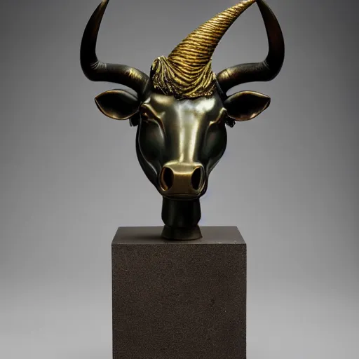 Image similar to professional color photograph of a patinated bronze portrait bust of an angry unicorn bull supported by a bronze plinth, by Auguste Rodin