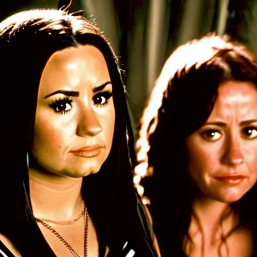 Image similar to close-up of Demi Lovato as Piper Halliwell and Selena Gomez as Phoebe Halliwell and Ariana Grande as Prue Halliwell in a Charmed movie directed by Christopher Nolan, movie still frame, promotional image, imax 35 mm footage